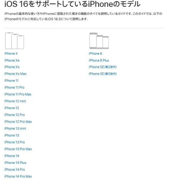 iPhone5s,6シリーズから新しいiPhoneに機種変更するにはどれがいい？,iOS16サポートしているiPhoneのモデル,Apple公式ホームページより